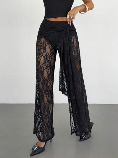 Siren Gaze Women's Solid Color Lace Patchwork Ruffle Sheer Fashion Pants