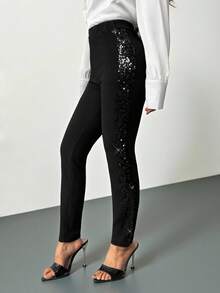 SHEIN PETITE Black Sequin Panel Cropped Skinny Pants Office Pants Sequin Detail Pants - Black - View 4