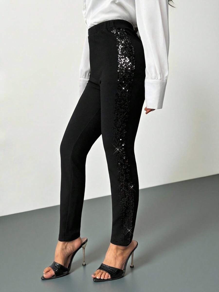 SHEIN PETITE Black Sequin Panel Cropped Skinny Pants Office Pants Sequin Detail Pants