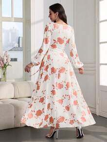 SHEIN Najma Đầm cổ tròn tay phồng có dây rút bên hông, in họa tiết hai màu. - trái cam - Xem 4