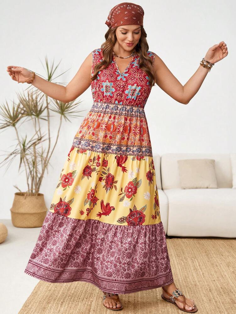 Plus Size Boho Floral Print V Neck Sleeveless Maxi Dress Women's Tiered Patchwork Long Dress For Summer Resort Wear Summer Outfit For Plus Size Women Festival Outfits For Plus Size Women Beach Outfits For Plus Size Women Vacation Outfits Plus Size Women Country Concert Outfit Boho Outfit