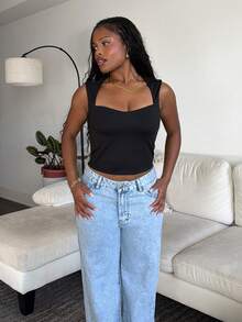 Tyla Gomez Sweetheart Neck Solid Tank Top - Black - View 6