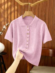 SHEIN Franclia 新款夏季休闲宽松百搭简约优雅柔软Polo衫，适合办公室、工作、通勤等场合，金属纽扣设计，修身剪裁，款式简洁大方，男女皆宜，极简女式开衫 - 粉色 - 查看 5
