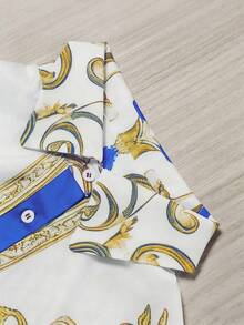 SHEIN Franclia Đầm dài in họa tiết cổ điển kiểu cung điện nghỉ dưỡng dành cho nữ, cổ ve áo xếp nếp, gấu đầm. - Màu xanh lam - Xem 3