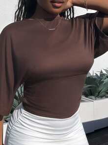 Tyla Gomez Casual Solid Color Batwing Sleeve Cropped T-Shirt, Summer,Brown Top - Coffee Brown - View 3