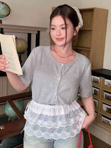 Dazy Plus Chân váy mini xếp ly màu trắng hai lớp buộc dây ren cỡ lớn dành cho mùa hè - trắng - Xem 3