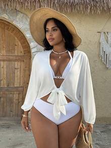 Swim Vcay Plus Size Women's Summer Beach Kimono Swimsuit Cover Up - White - View 3