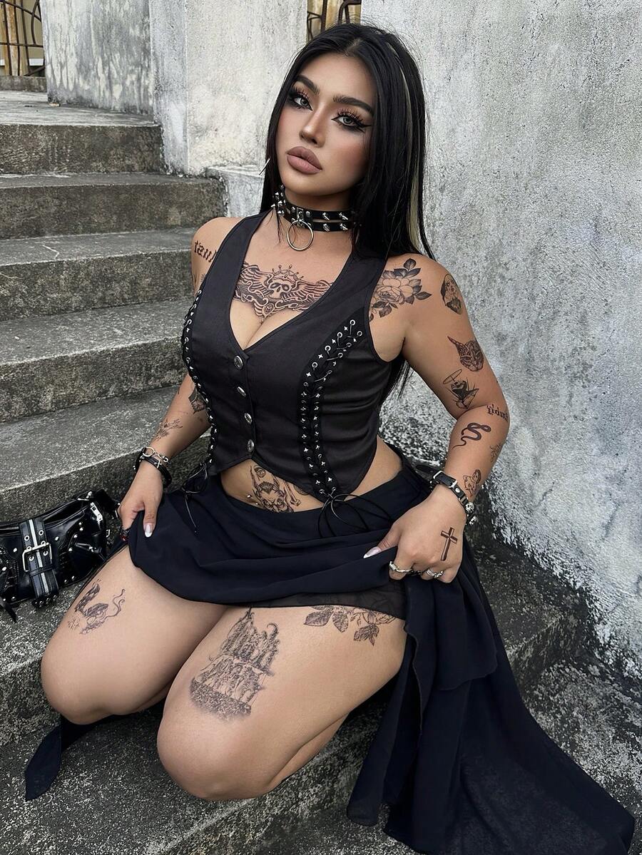 Whyspr 优雅简约OL通勤工作服朋克风镂空针织系带无袖深V领开襟背心，大码女款 - 黑色 - 查看 1