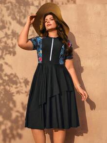 Swim Mulvari Plus Size Women 2pcs/Set Random Print Half Sleeve Zipper Front Loose Split Dress With Solid Color Shorts Swimwear Set - Black - View 1