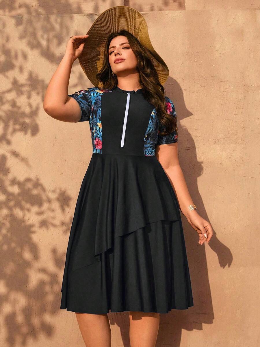 Swim Mulvari Plus Size Women 2pcs/Set Random Print Half Sleeve Zipper Front Loose Split Dress With Solid Color Shorts Swimwear Set - Black - View 1