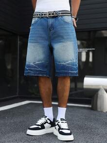 Manfinity EMRG Young Street Style Washed Blue Straight Loose Distressed Denim Shorts, Spring/Summer - Blue - View 6