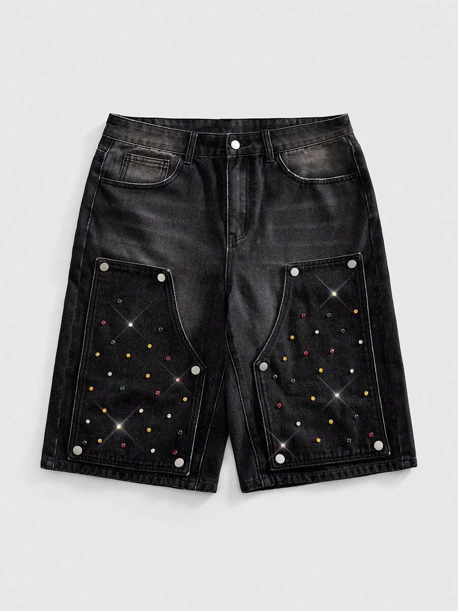 ROMWE MEN Street Life Men's Rhinestone Decorated Denim Bermuda Shorts - Black - View 1