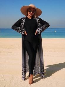 Swim Mulvari 3pcs Women's Middle Eastern Style Ombre Leopard Print Jumpsuit, Pants And Coverup Set, Elegant And Conservative Middle Eastern Design Burkini Swimwear - Black - View 5
