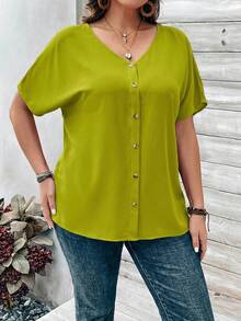 Rosumi Plus Size Women's Orange Button Embellished Short Sleeve Shirt For Spring - Green - View 6