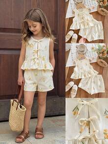 SHEIN Young Girl Cute Summer Pink & White Striped Bow Sleeveless Top And Elastic Waist Shorts Set - Khaki - View 2