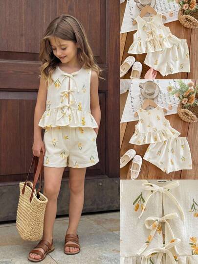 SHEIN Young Girl Cute Summer Pink & White Striped Bow Sleeveless Top And Elastic Waist Shorts Set