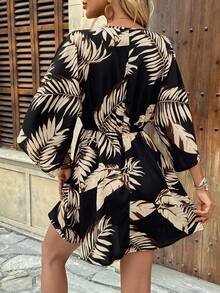 SHEIN LUNE Women'S Tropical Printed Button-Up Half Placket Dress - Black - View 2