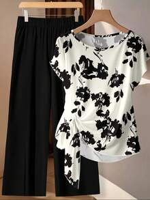 EMERY ROSE 女士系带蝴蝶结衬衫和直筒裤两件套，衬衫和裤子套装，碎花两件套，端庄两件套，休闲女士两件套，裤子和上衣套装，碎花两件套，上衣套装，女士度假套装，女士上衣和衬衫套装，女士套装，女士服装套装 - 彩色 - 查看 1