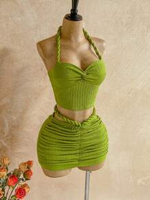 Soleia Women's Vacation Beach Solid Color Twist Back Halter Top And Mini Skirt 2 Pieces Set - Green - View 4