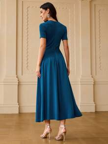 ZEYLAH Knit Satin Lace Patchwork A-Line Dress, Spring/Summer - Teal Blue - View 3