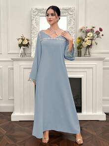 Yasmyna 新款荷叶边领交叉浪漫度假优雅连衣裙 - 霧霾藍 - 查看 4