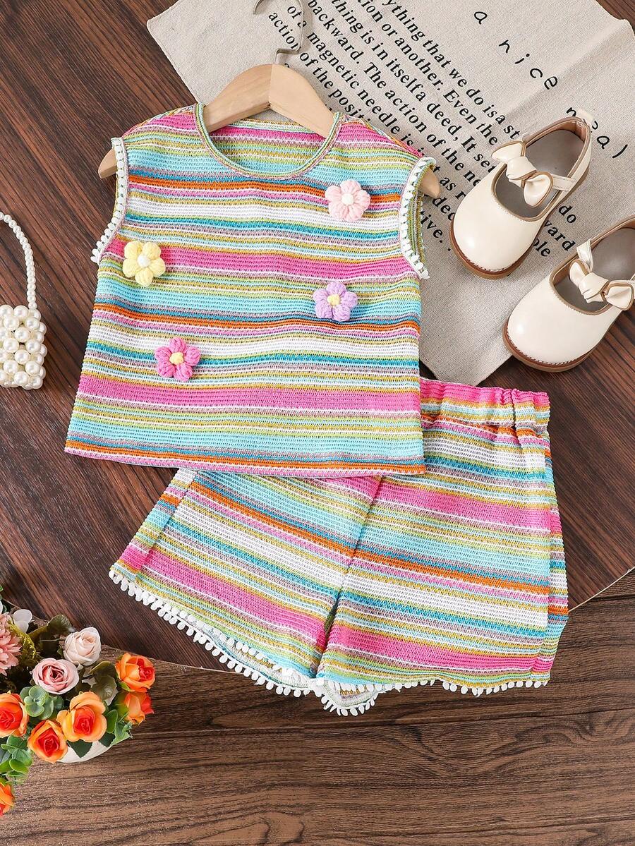SHEIN Elladie kids 2件套女童条纹提花针织宽松背心短裤套装，适合休闲、度假、运动、夏季穿着 - 彩色 - 查看 1