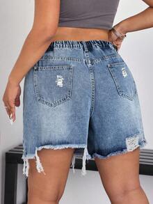 SHEIN CURVE+ Quần short denim rách dáng rộng mùa hè cỡ lớn - Màu xanh lam - Xem 2