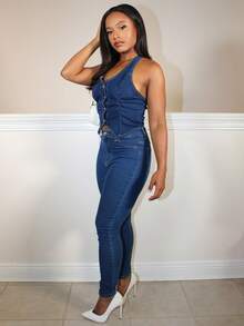 Steph T Y2K 蓝色弹性修身短款牛仔挂脖露背背心 - 深色水洗藍 - 查看 6