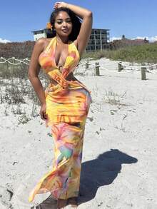 Alexandranx 性感镂空交叉露背紧身夏季度假连衣裙，女士黄色派对装 - 彩色 - 查看 6