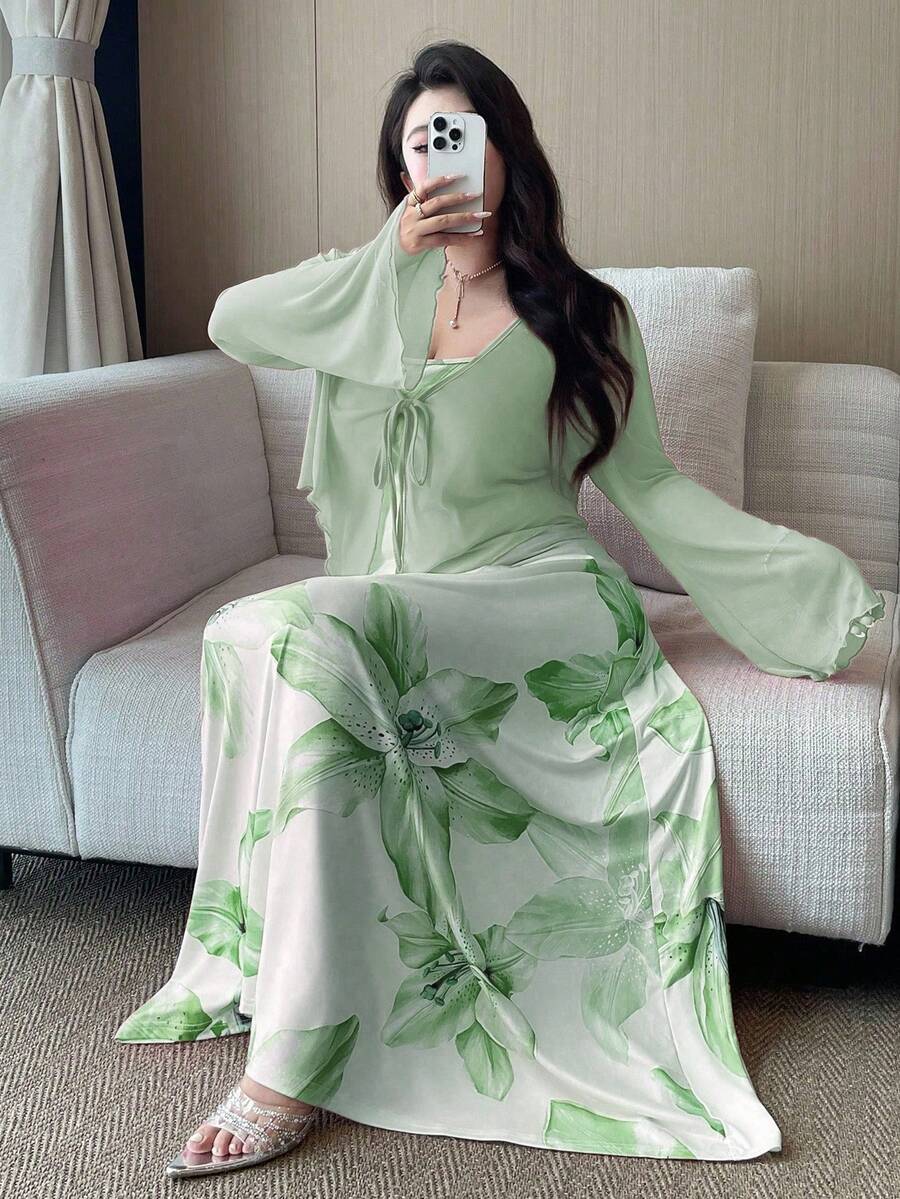Flirla 大尺碼女款花卉印花洋裝與長袖開襟衫休閒套裝,2件組 - 彩色 - 查看 1