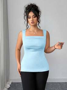 Elenzga Camiseta de punto de cuello cuadrado de unicolor casual de talla grande para verano - Celeste - Ver 5