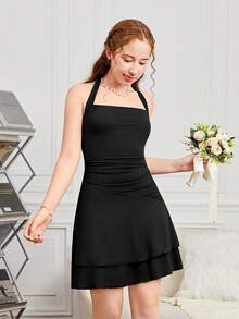 SHEIN Girlism Teen Girl Knitted Halter Waist Ruched Peplum Hem Dress Outfit Girl - Black - View 4