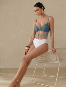 Anewsta Women Colorblock Cut Out Spaghetti Strap One-Piece Swimsuit & Cover Up Skirt Co-Ord Set, Minimalist Style, For Summer Beach Vacation - Dark Grey - View 5