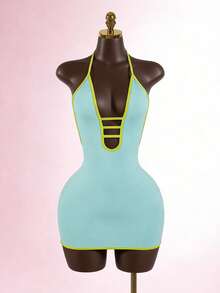 SaltGleam SaltGleam Vestido mini sexy con cuello en V y ribete de contraste para mujer - Azul - Ver 3