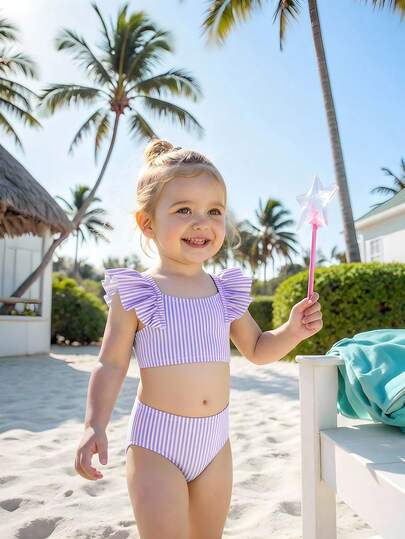 SHEIN Baby Girls' Minimalist Striped Children's Bikini Set, Ruffled Strap Tankini Swimsuit, Summer Cooling Style