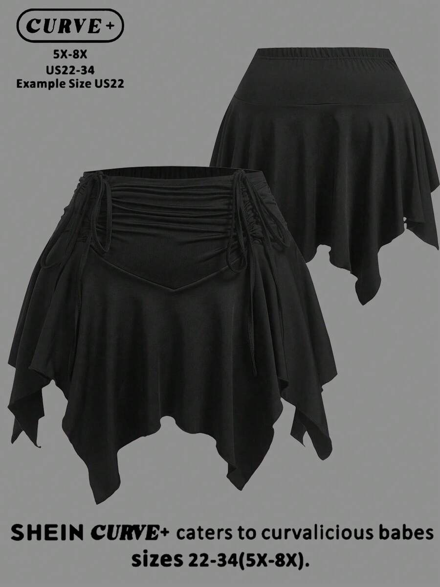 SHEIN CURVE+ Chân váy/quần short cỡ lớn, cạp chun, dây rút phía trước, vạt bất đối xứng. - màu đen - Xem 1