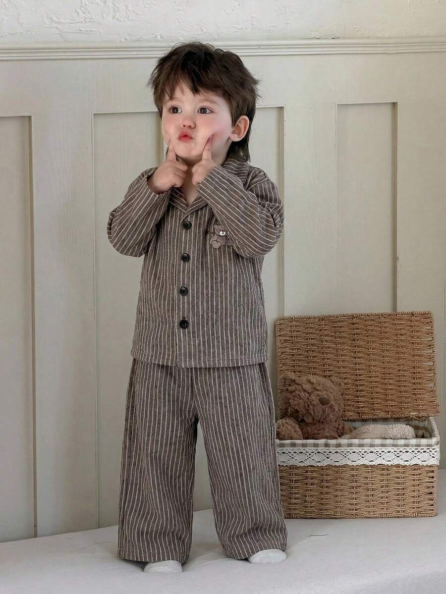 DAZY 两件套幼儿男童休闲条纹衬衫上衣和裤子家居服套装 - 咖啡棕 - 查看 1