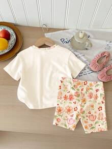 SHEIN Cremeweiß, süße 3D-Schleife, Ballett-Spitzenrock Hasen Illustration, frühlings-/sommerlicher Boho Blume Muster, Kleine Mädchen Lässig bequemes weiches weites Rundhals Kurzarm T-Shirt und enge Radlerhose, geeignet für Alltag, Urlaub, Festivals, Bauernhof, Outdoor, Picknick - Verschiedenfarbig - Übersicht 2