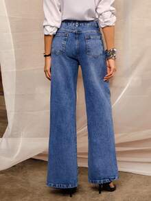 Daynim Quần jeans ống rộng cạp cao không thắt lưng - Rửa trung bình - Xem 4