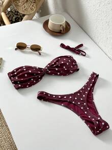 Bonvoyette Bộ đồ bơi tankini in chấm bi với dây đeo có thể tháo rời - Màu Đỏ Sâu - Xem 8