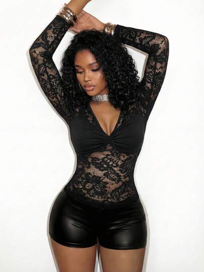 BamGleam Women's Lace Sheer Sexy Long Sleeve Round Neck Black T-Shirt, Summer