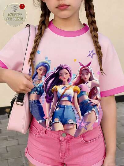 女童时尚星形印花短袖T恤，适合夏季外出穿着