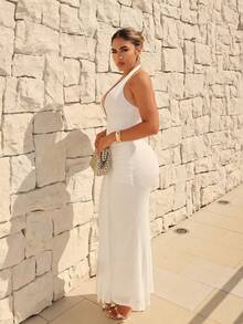 Maria Perezxox Vestido maxi elegante con cuello en V profundo y halter, de color amarillo crema, sexy, para primavera/verano. Vestidos elegantes para mujer, vestido blanco sin espalda, vestido blanco de sirena, vestido blanco de noche formal, para el Día de San Valentín, atuendos de San Valentín para mujer y fiestas - Blanco - Ver 5