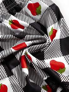 Strawberry Shortcake | ROMWE Bộ đồ ngủ nữ dễ thương họa tiết hoạt hình, áo hai dây viền ren và quần short kẻ caro, kiểu dáng thường ngày. - màu đen - Xem 8