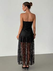 性感蕾丝拼接连衣裙，优雅女士婚礼宾客礼服，伴娘礼服 - 黑色 - 查看 2