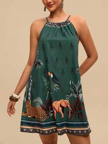 Travachic Plus Size Women Tropical Plant Print Casual Halter Neck Dress - Multicolor - View 5