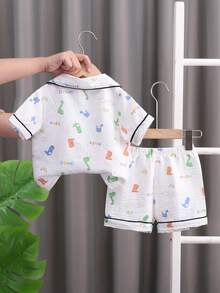 SHEIN Toddler Boys' Casual Dinosaur Print Short Sleeve Shorts 2pcs Set, Comfortable Loungewear - Beige - View 4