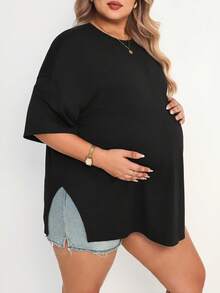 Plussiva Maternity Plus Size Solid Color Round Neck Loose Casual T-Shirt - Black - View 3