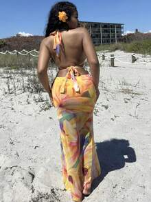 Alexandranx 性感镂空交叉露背紧身夏季度假连衣裙，女士黄色派对装 - 彩色 - 查看 3