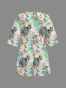 Slaydiva 春夏新款度假扭结前襟镂空七分袖宽松连体裤/新款音乐节/西部风/波西米亚风/复活节/纳什维尔/休闲百搭休闲/旅行海滩日光浴/度假/热带印花 - 彩色 - 查看 5